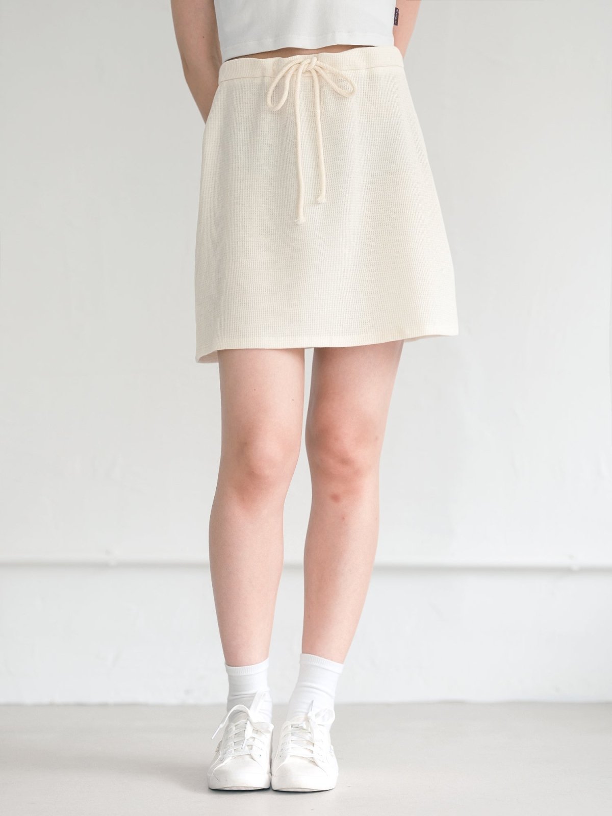 Noel Waffle Tie Waist Mini Skirt - DAG-DD9622-22SnowF - Almond Cream - F - D'ZAGE Designs
