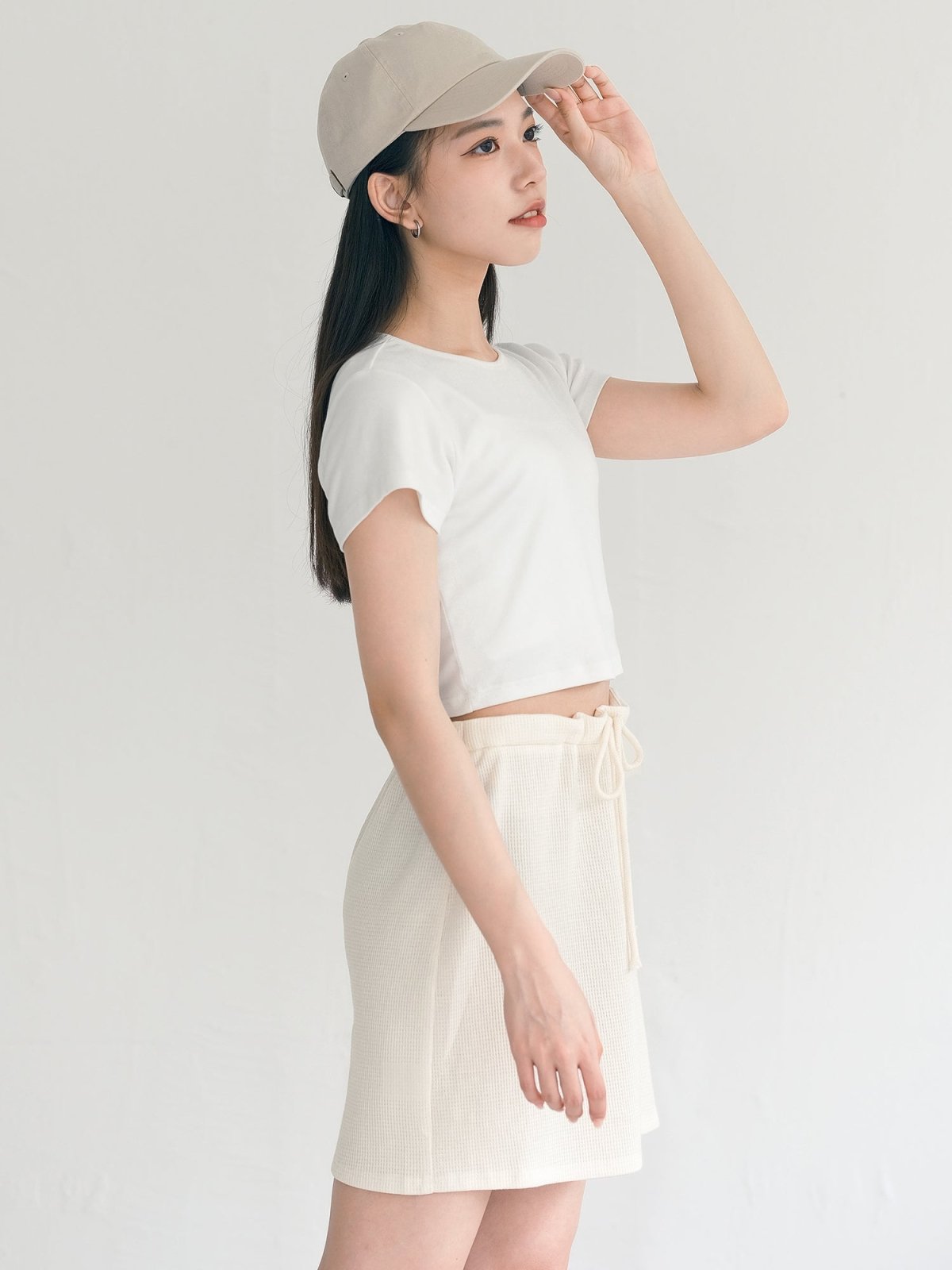 Noel Waffle Tie Waist Mini Skirt - DAG-DD9622-22SnowF - Almond Cream - F - D'ZAGE Designs