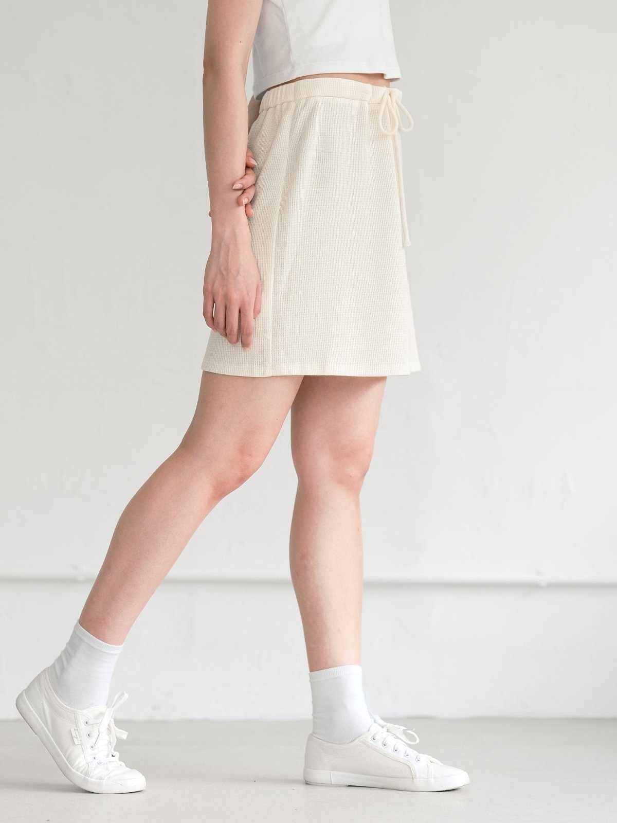 Noel Waffle Tie Waist Mini Skirt - DAG-DD9622-22SnowF - Almond Cream - F - D'ZAGE Designs