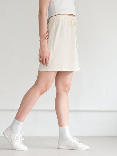 Noel Waffle Tie Waist Mini Skirt - DAG-DD9622-22SnowF - Almond Cream - F - D'ZAGE Designs