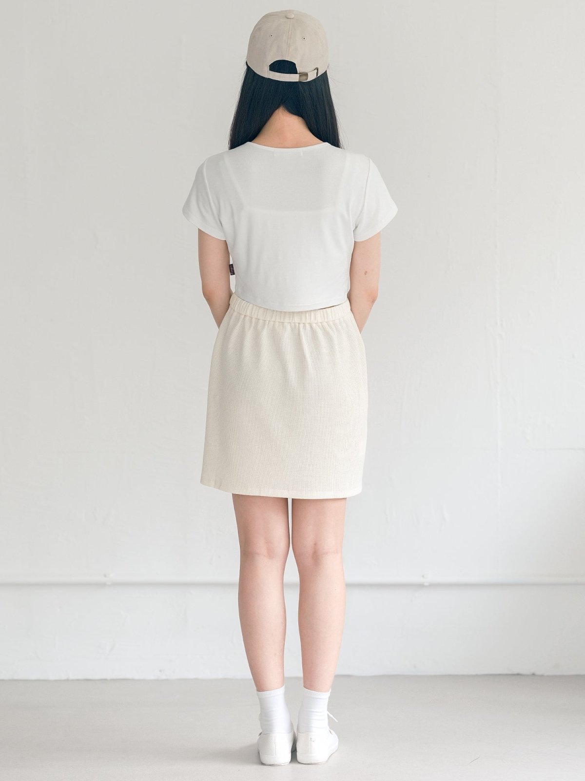 Noel Waffle Tie Waist Mini Skirt - DAG-DD9622-22SnowF - Almond Cream - F - D'ZAGE Designs