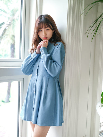Fitted Chambray Shirt Dress - DAG-DD9045-22LightDenimS - Baby Blue - S - D'ZAGE Designs