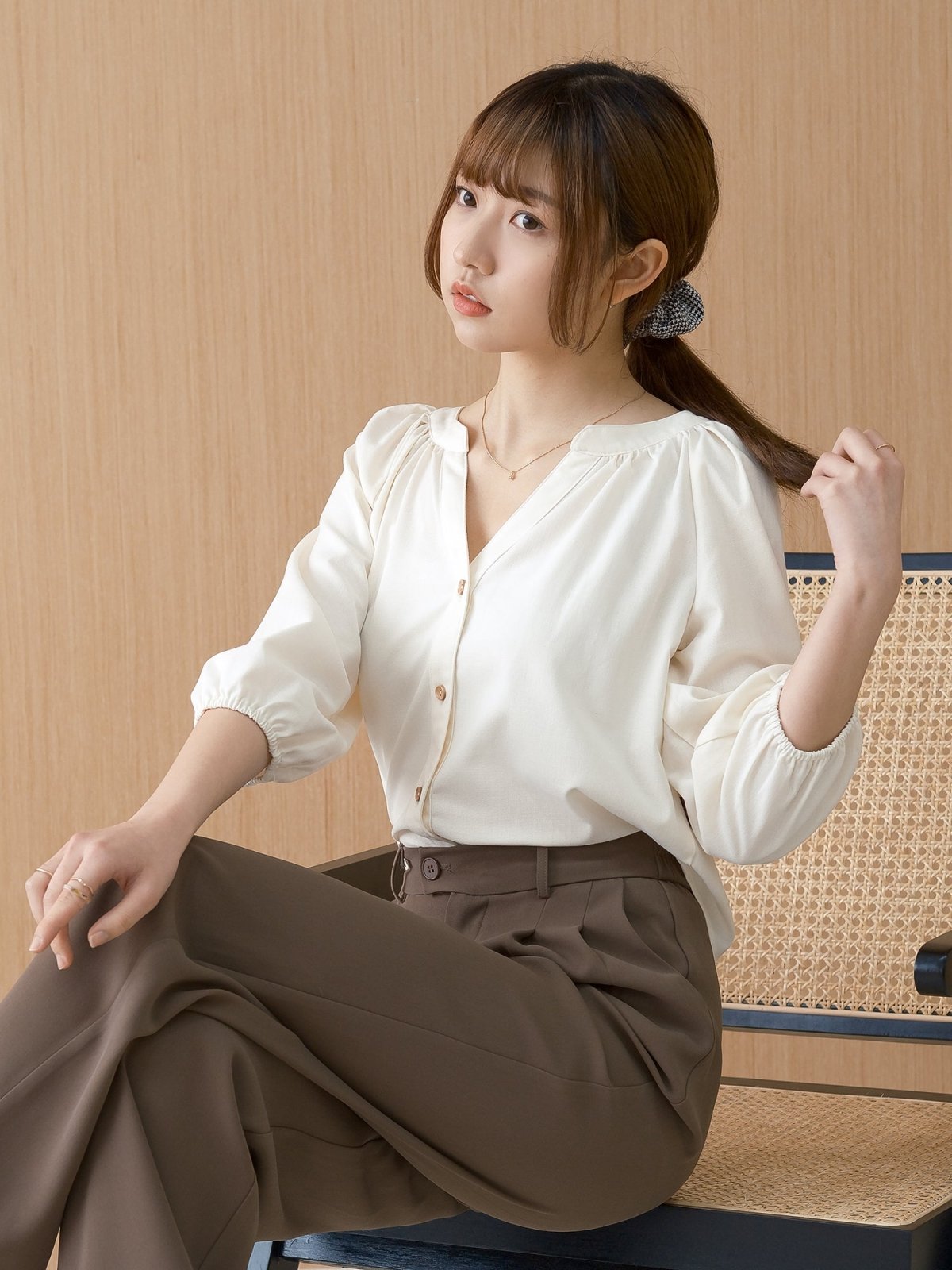 Casey Button Down Notch Neck Blouse - DAG-DD9504-22MochiIvoryF - Mochi Ivory - F - D'ZAGE Designs