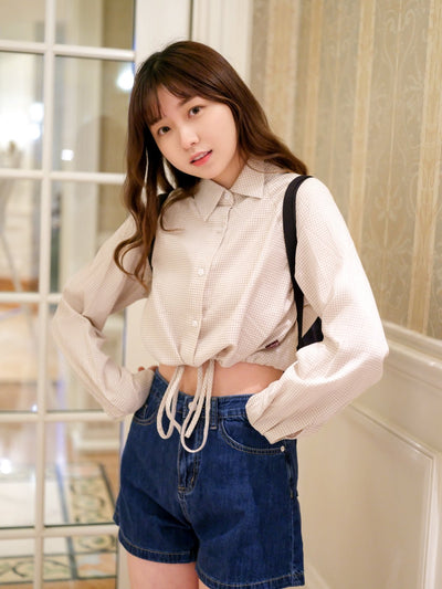 Tie-front Gingham Shirt - DAG-DD9051-22CreamF - Beige Gingham - F - D'ZAGE Designs