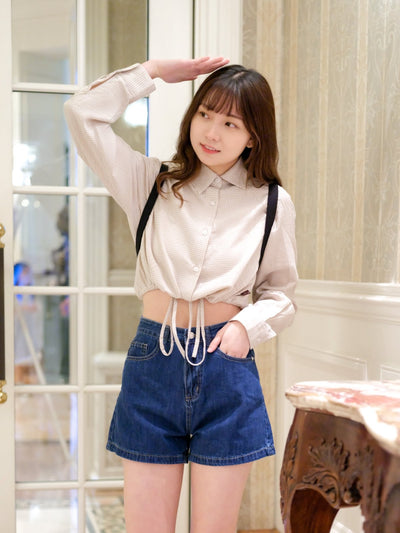 Tie-front Gingham Shirt - DAG-DD9051-22CreamF - Beige Gingham - F - D'ZAGE Designs