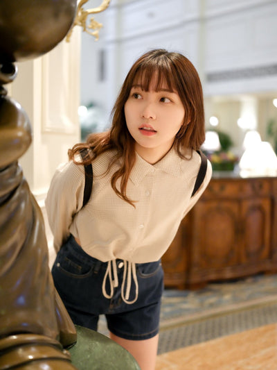 Tie-front Gingham Shirt - DAG-DD9051-22CreamF - Beige Gingham - F - D'ZAGE Designs