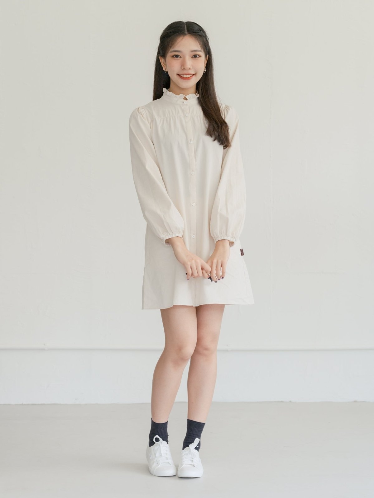Allie Frill-neck A-line Shirt Dress - DAG-DD7838-21CreamS - Mochi Ivory - F - D'ZAGE Designs