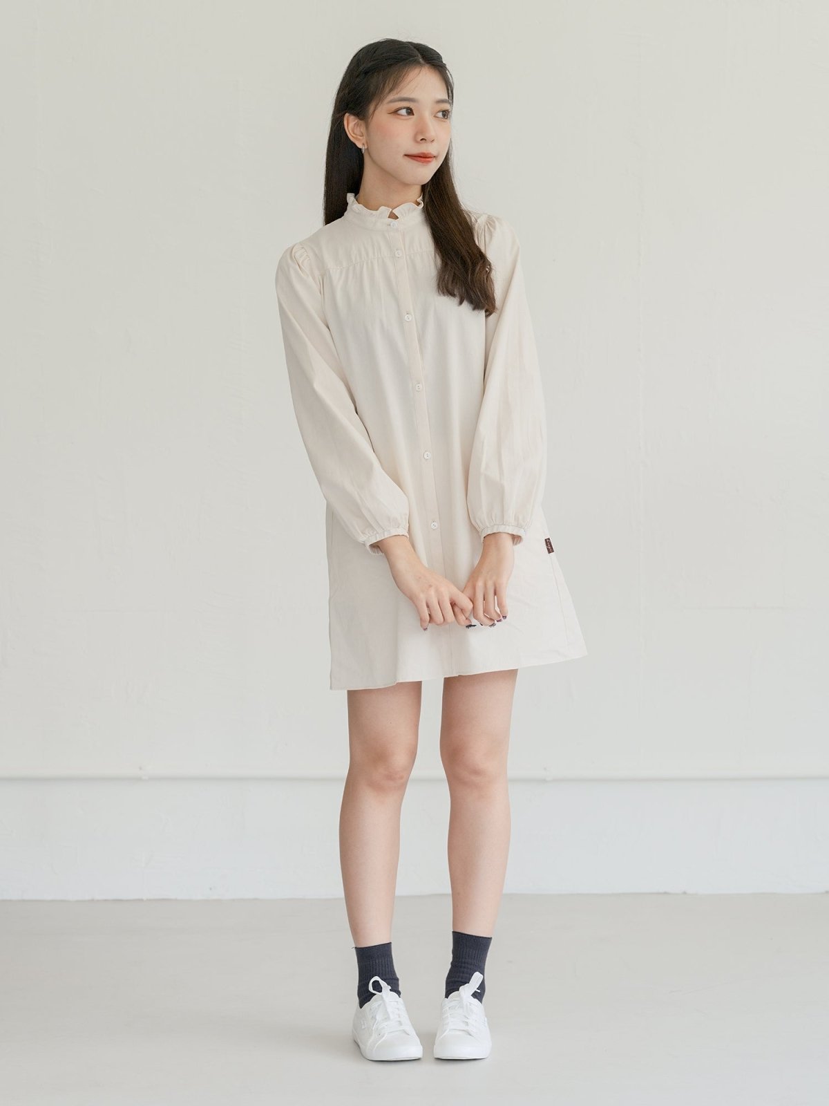 Allie Frill-neck A-line Shirt Dress - DAG-DD7838-21CreamS - Mochi Ivory - F - D'ZAGE Designs