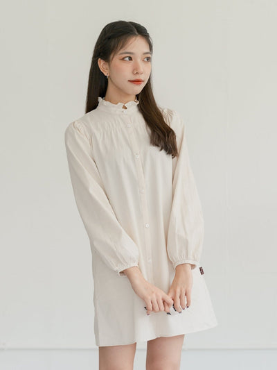 Allie Frill-neck A-line Shirt Dress - DAG-DD7838-21CreamS - Mochi Ivory - F - D'ZAGE Designs
