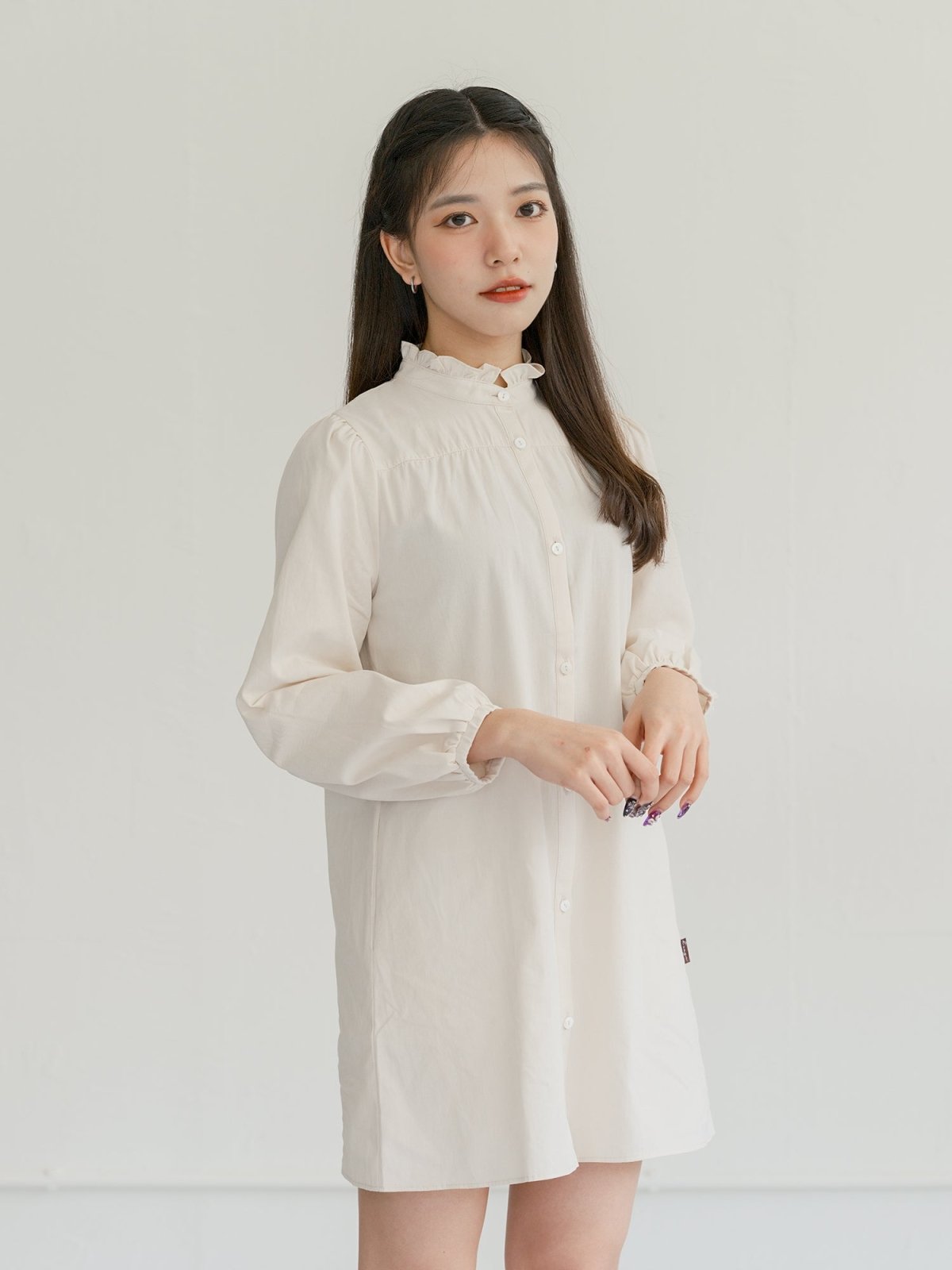Allie Frill-neck A-line Shirt Dress - DAG-DD7838-21CreamS - Mochi Ivory - F - D'ZAGE Designs