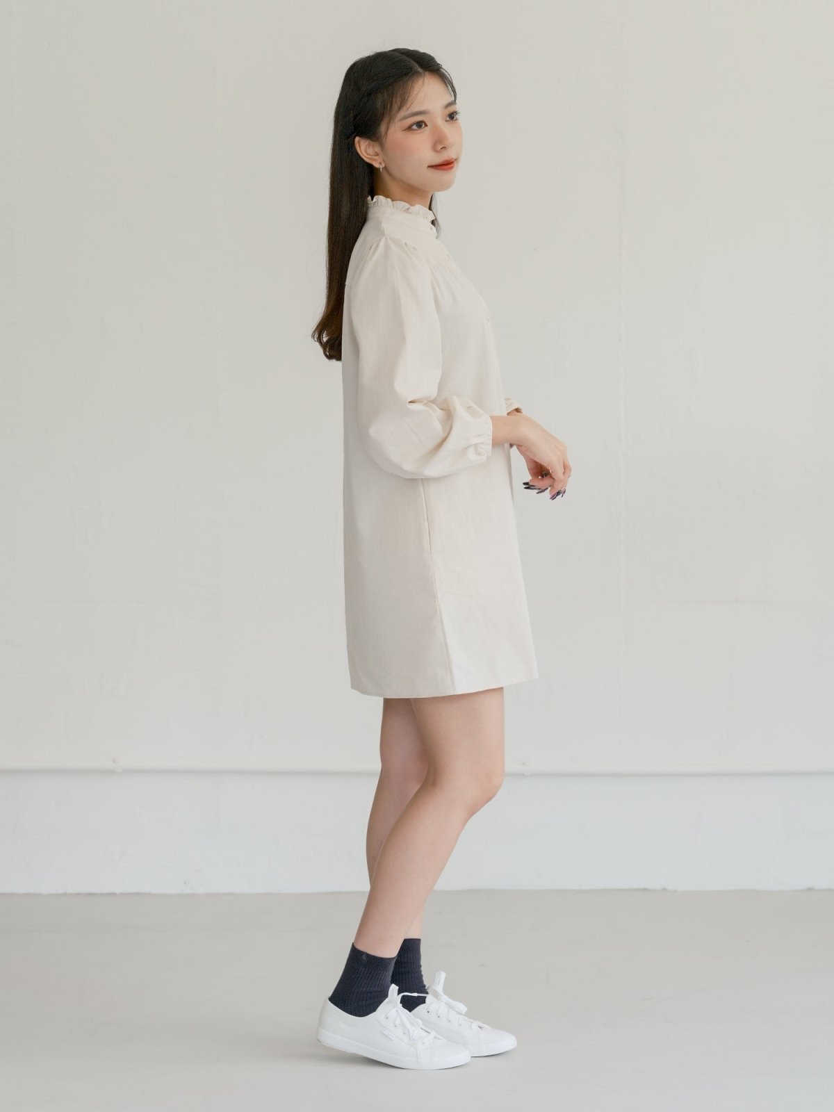 Allie Frill-neck A-line Shirt Dress - DAG-DD7838-21CreamS - Mochi Ivory - F - D'ZAGE Designs