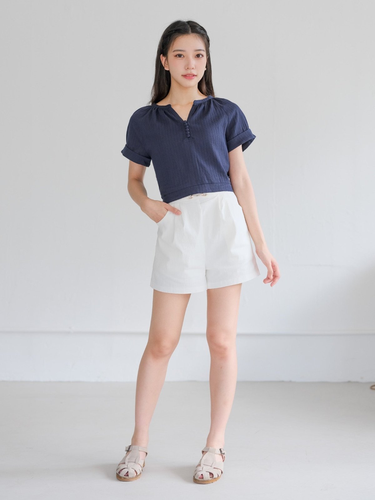 Perlin Buttoned Crop Blouse - DAG-DD0406-23NavyS - Navy Blue - S - D'ZAGE Designs