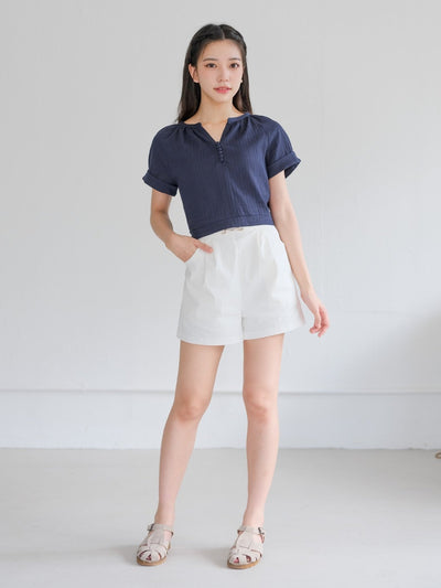 Perlin Buttoned Crop Blouse - DAG-DD0406-23NavyS - Navy Blue - S - D'ZAGE Designs