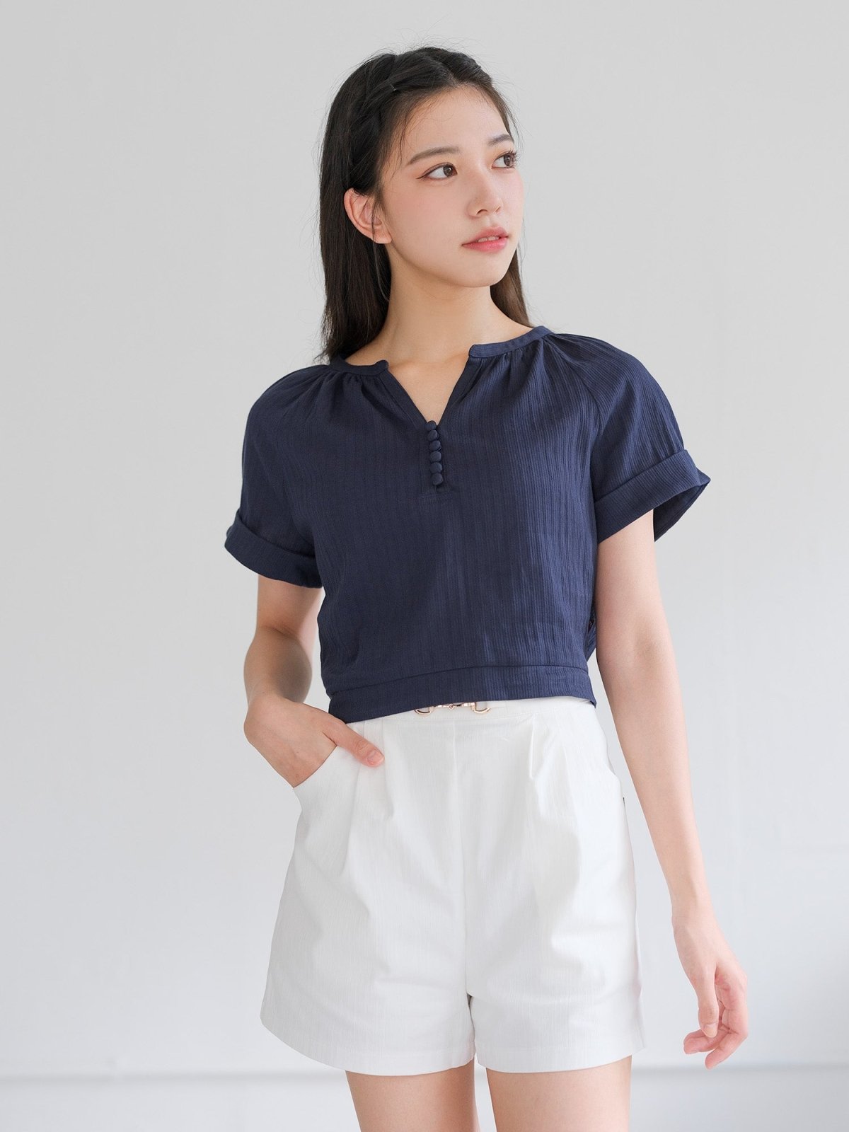 Perlin Buttoned Crop Blouse - DAG-DD0406-23NavyS - Navy Blue - S - D'ZAGE Designs