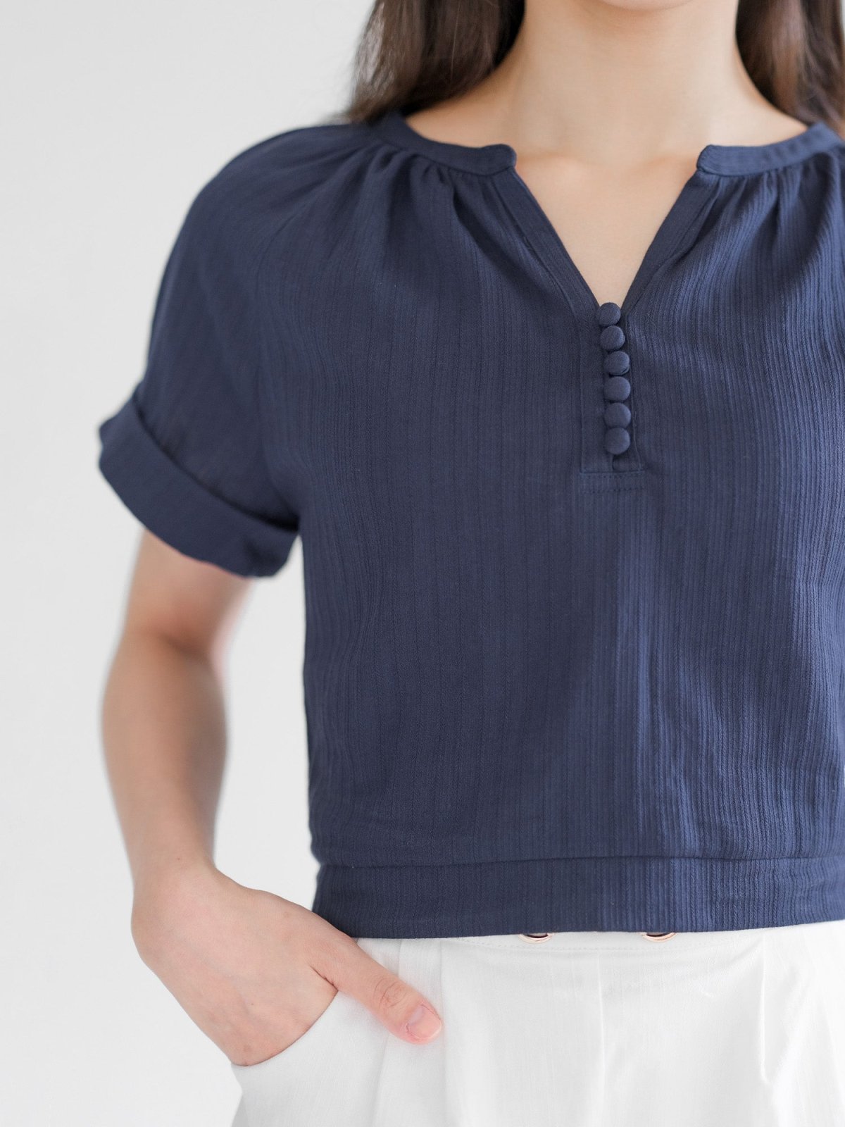 Perlin Buttoned Crop Blouse - DAG-DD0406-23NavyS - Navy Blue - S - D'ZAGE Designs