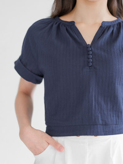 Perlin Buttoned Crop Blouse - DAG-DD0406-23NavyS - Navy Blue - S - D'ZAGE Designs