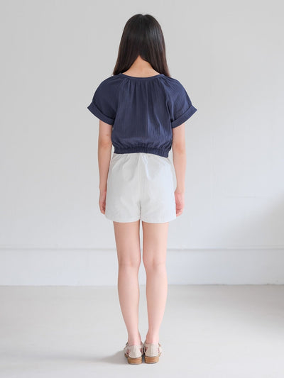 Perlin Buttoned Crop Blouse - DAG-DD0406-23NavyS - Navy Blue - S - D'ZAGE Designs
