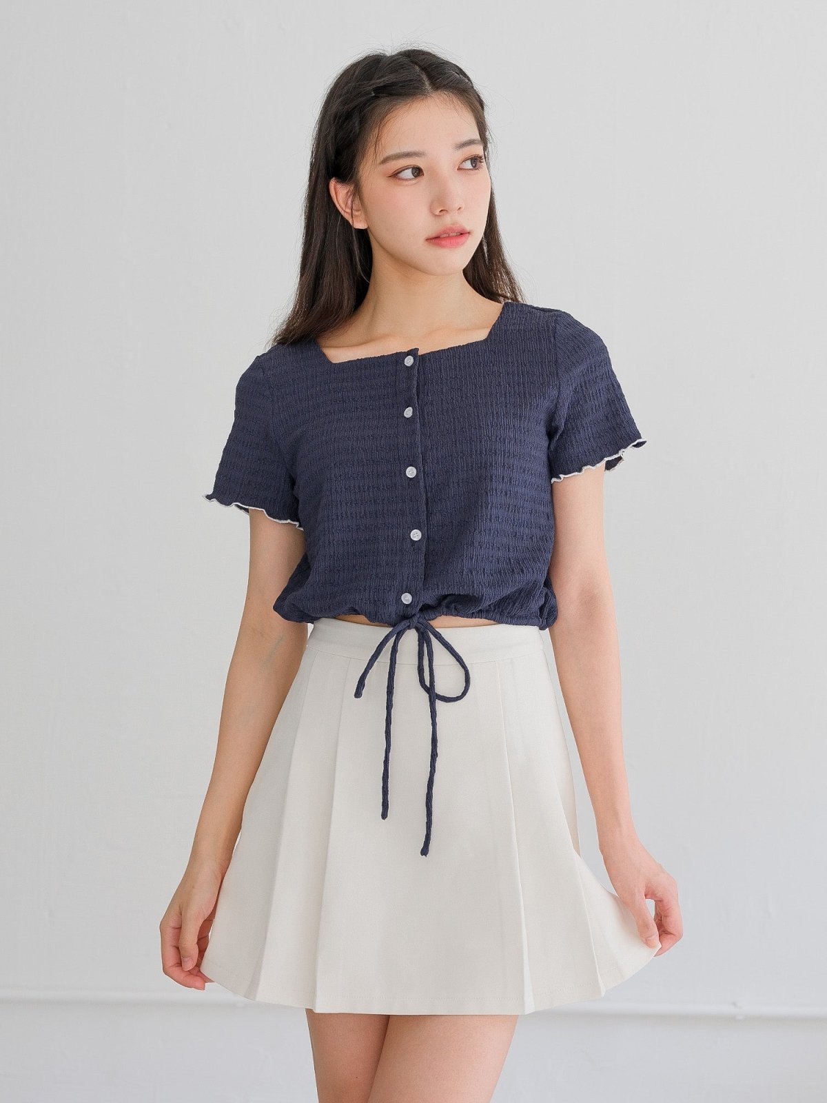 Moon Square Neck Wrinkle Top - DAG-DD0413-23NavyS - Navy With White Hem - S - D'ZAGE Designs