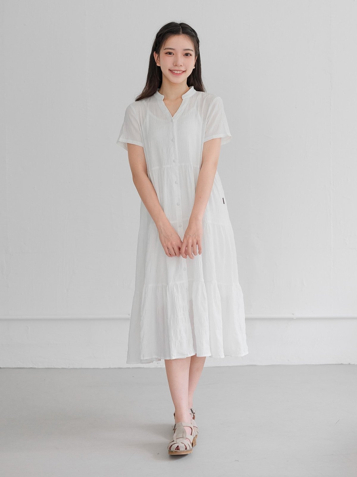 Skye Tiered Button Front Midi Dress - DAG-DD9150-22IvoryF - Mochi Ivory - F - D'ZAGE Designs