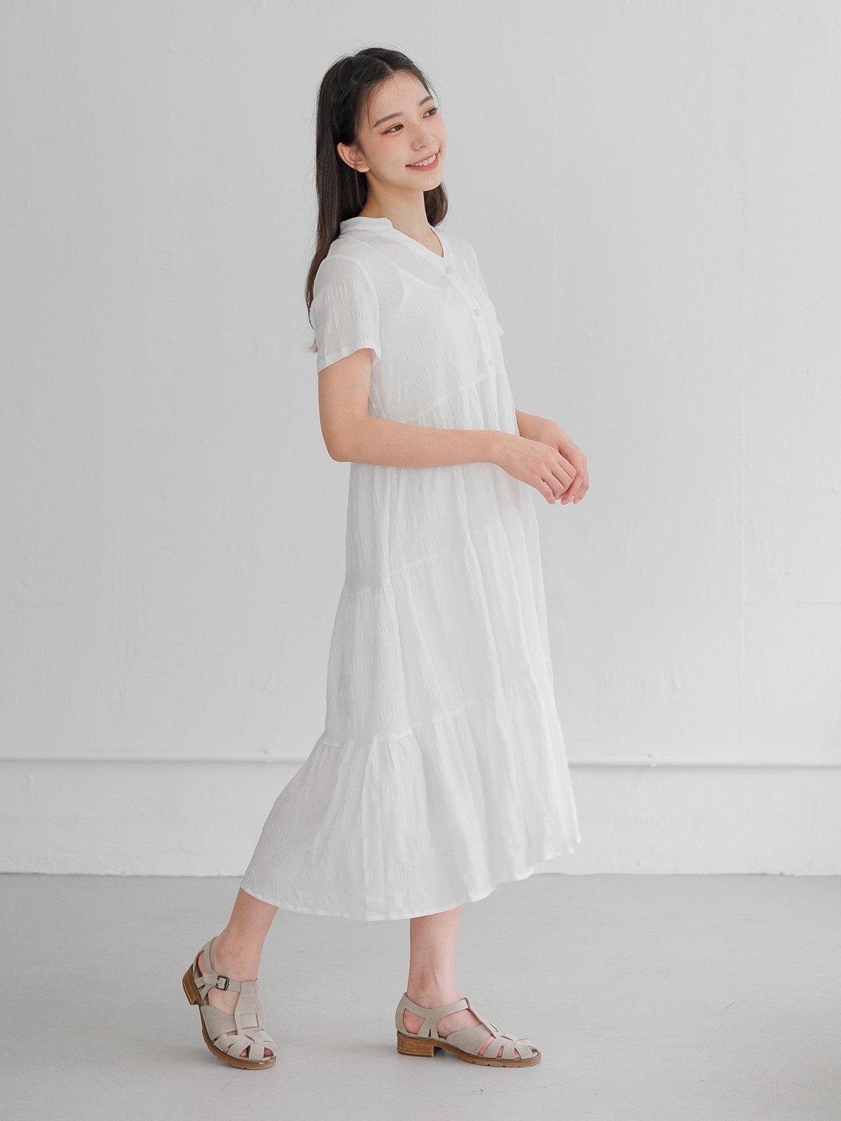 Skye Tiered Button Front Midi Dress - DAG-DD9150-22IvoryF - Mochi Ivory - F - D'ZAGE Designs