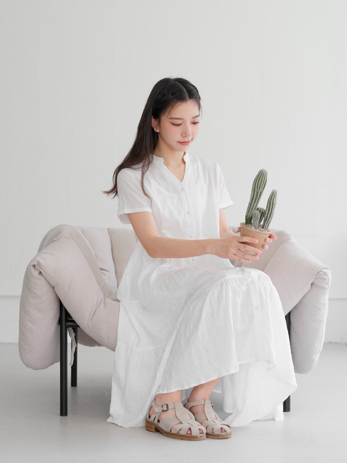Skye Tiered Button Front Midi Dress - DAG-DD9150-22IvoryF - Mochi Ivory - F - D'ZAGE Designs