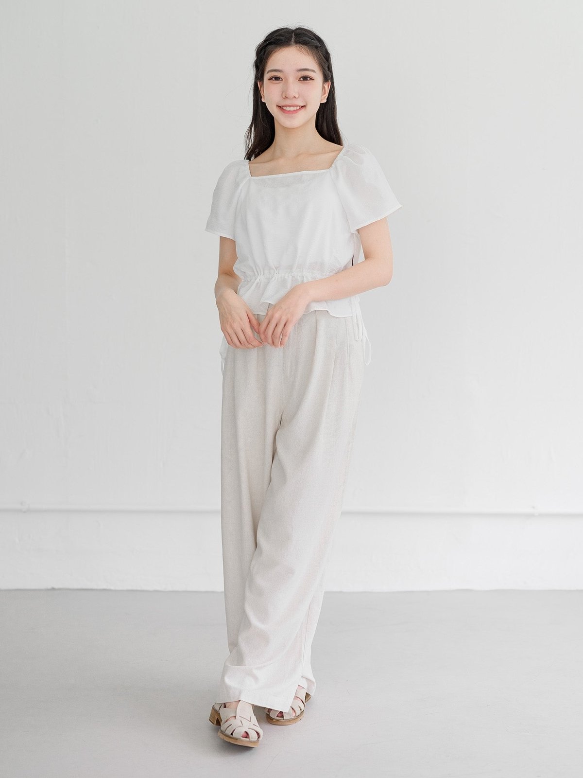 Jean Flutter Sleeve Tie Waist Top - DAG-DD9501-22MochiIvoryF - Marshmallow White - F - D'ZAGE Designs