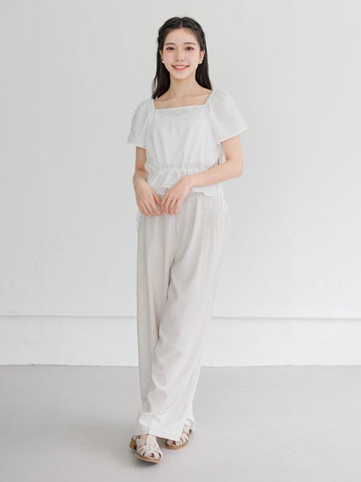 Jean Flutter Sleeve Tie Waist Top - DAG-DD9501-22MochiIvoryF - Marshmallow White - F - D'ZAGE Designs