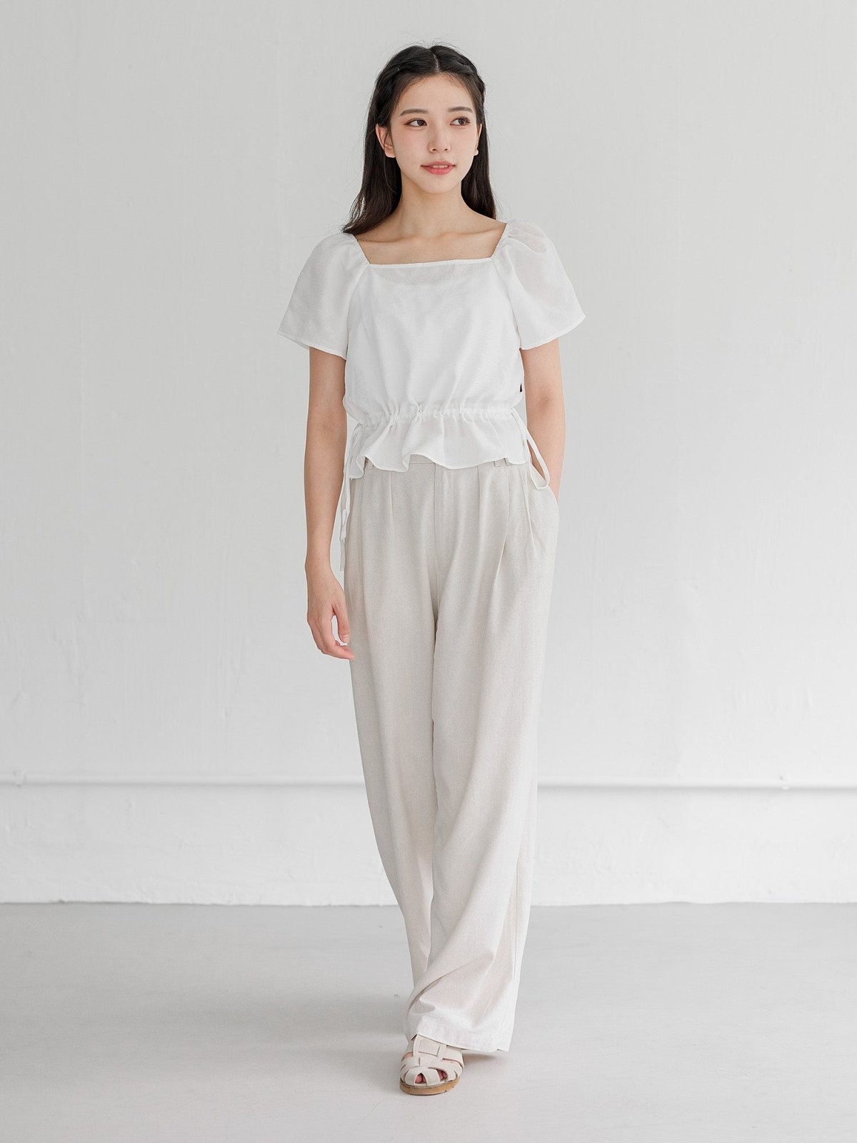 Jean Flutter Sleeve Tie Waist Top - DAG-DD9501-22MochiIvoryF - Marshmallow White - F - D'ZAGE Designs