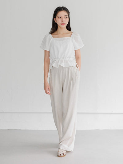 Jean Flutter Sleeve Tie Waist Top - DAG-DD9501-22MochiIvoryF - Marshmallow White - F - D'ZAGE Designs