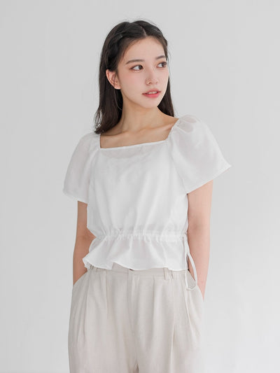 Jean Flutter Sleeve Tie Waist Top - DAG-DD9501-22MochiIvoryF - Marshmallow White - F - D'ZAGE Designs