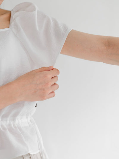 Jean Flutter Sleeve Tie Waist Top - DAG-DD9501-22MochiIvoryF - Marshmallow White - F - D'ZAGE Designs