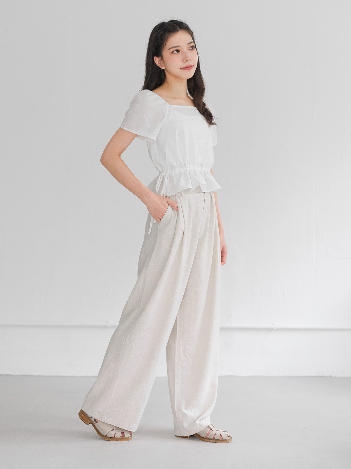 Jean Flutter Sleeve Tie Waist Top - DAG-DD9501-22MochiIvoryF - Marshmallow White - F - D'ZAGE Designs
