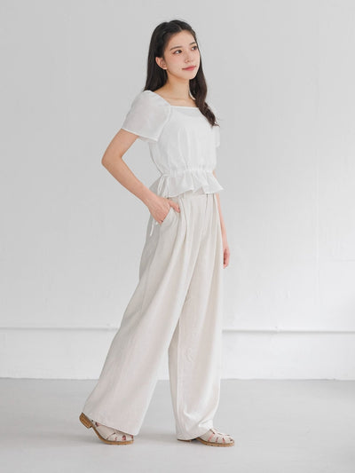 Jean Flutter Sleeve Tie Waist Top - DAG-DD9501-22MochiIvoryF - Marshmallow White - F - D'ZAGE Designs