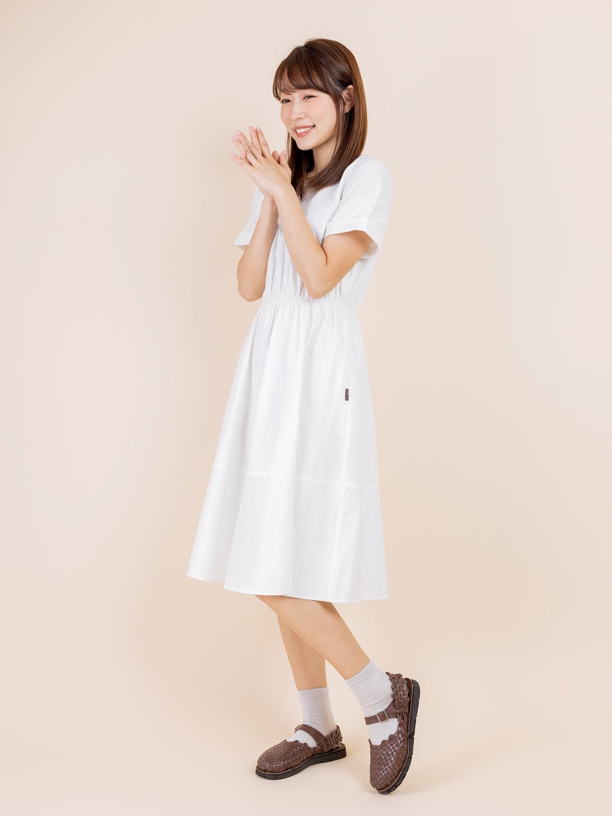 Tiff Elastic Waist Short Sleeve Dress - DAG-DD9449-22MochiIvoryF - Marshmallow White - F - D'ZAGE Designs