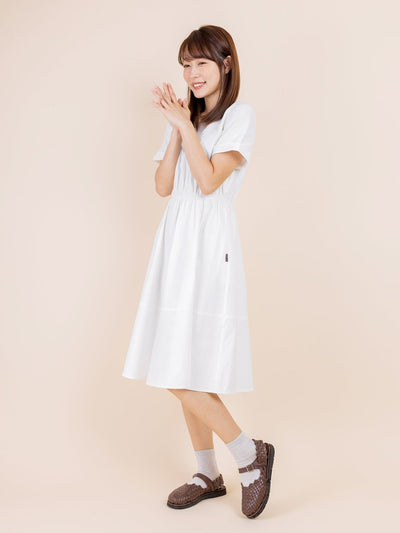 Tiff Elastic Waist Short Sleeve Dress - DAG-DD9449-22MochiIvoryF - Marshmallow White - F - D'ZAGE Designs