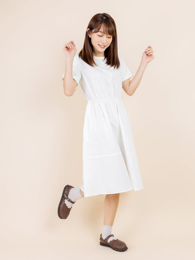 Tiff Elastic Waist Short Sleeve Dress - DAG-DD9449-22MochiIvoryF - Marshmallow White - F - D'ZAGE Designs