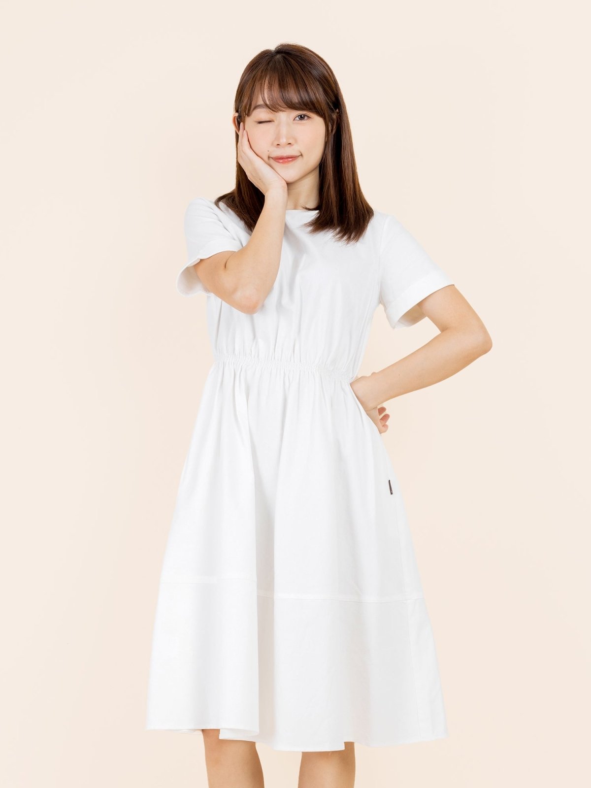 Tiff Elastic Waist Short Sleeve Dress - DAG-DD9449-22MochiIvoryF - Marshmallow White - F - D'ZAGE Designs