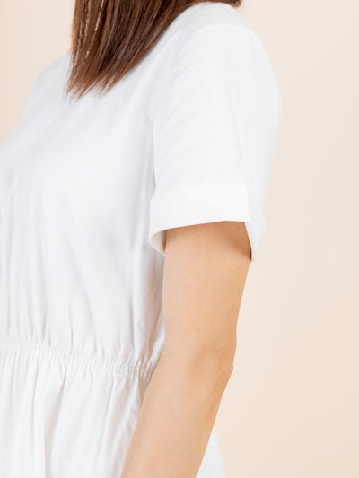 Tiff Elastic Waist Short Sleeve Dress - DAG-DD9449-22MochiIvoryF - Marshmallow White - F - D'ZAGE Designs