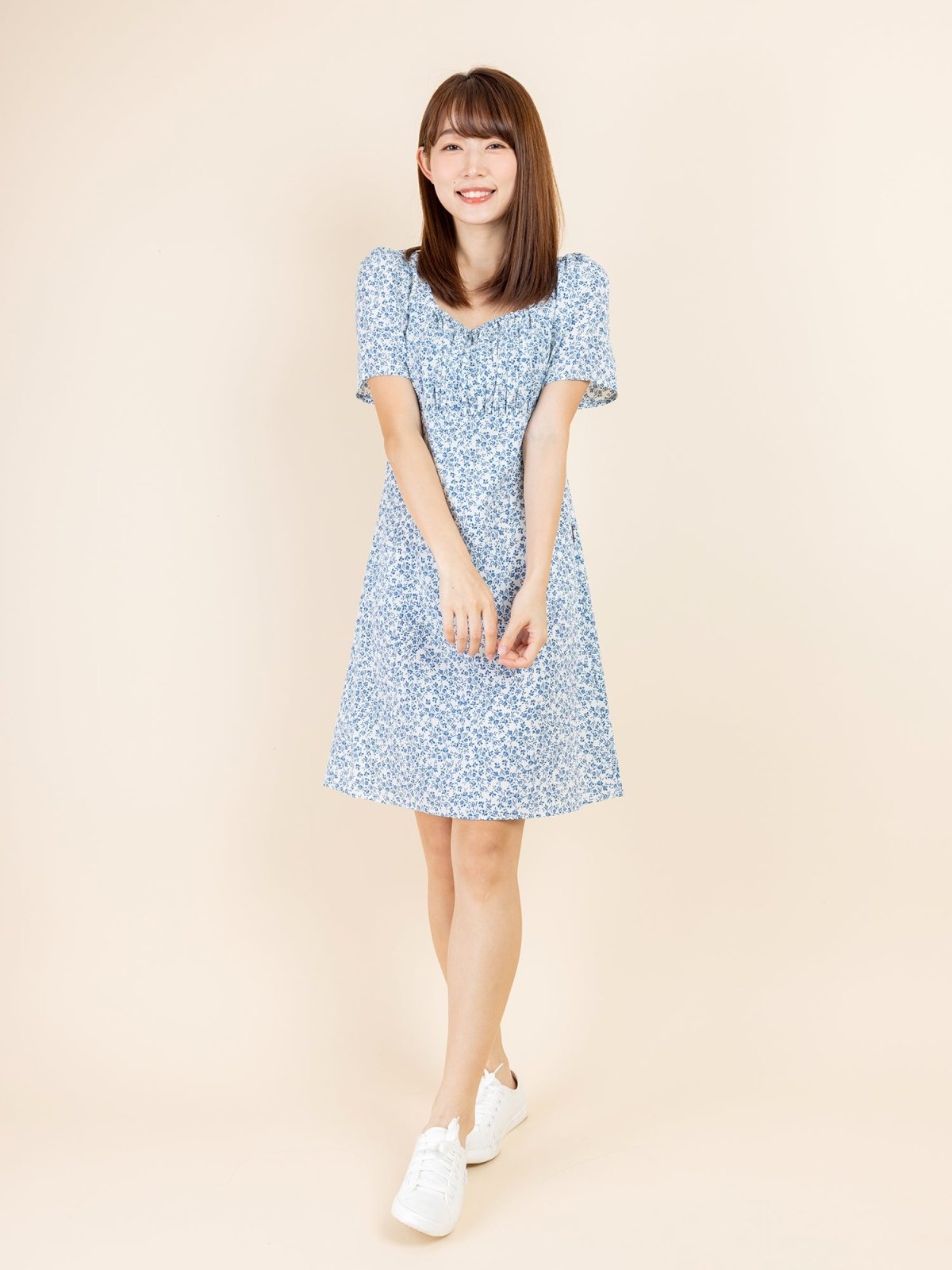 Kalyn Floral Shirred Dress - DAG-DD9447-22IvoryBluePrintF - Ivory Blue Print - F - D'ZAGE Designs
