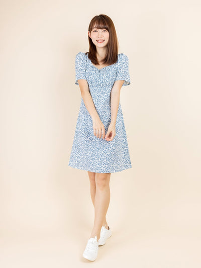 Kalyn Floral Shirred Dress - DAG-DD9447-22IvoryBluePrintF - Ivory Blue Print - F - D'ZAGE Designs