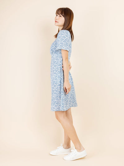 Kalyn Floral Shirred Dress - DAG-DD9447-22IvoryBluePrintF - Ivory Blue Print - F - D'ZAGE Designs