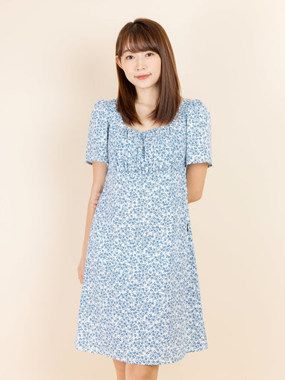 Kalyn Floral Shirred Dress - DAG-DD9447-22IvoryBluePrintF - Ivory Blue Print - F - D'ZAGE Designs