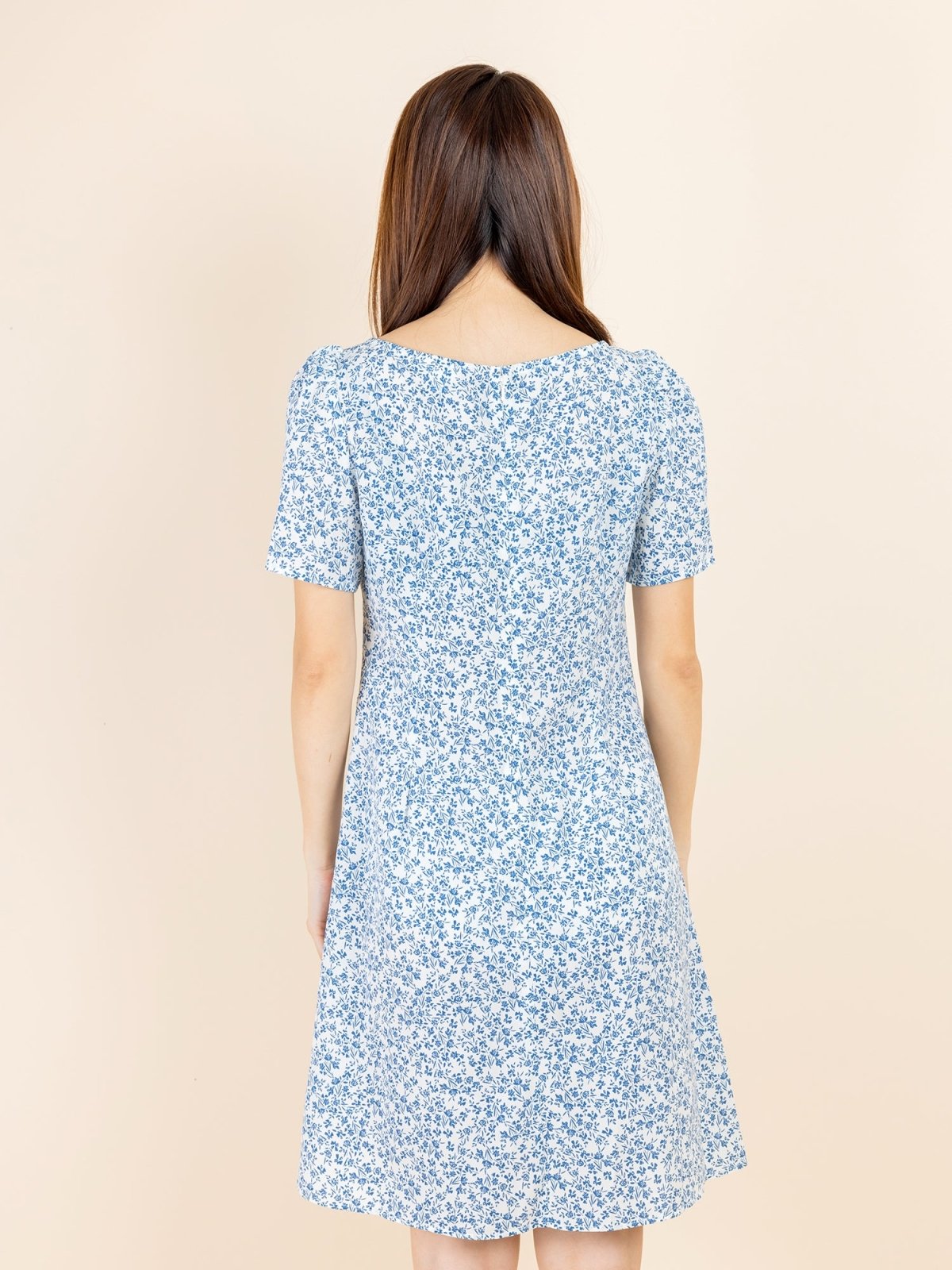 Kalyn Floral Shirred Dress - DAG-DD9447-22IvoryBluePrintF - Ivory Blue Print - F - D'ZAGE Designs