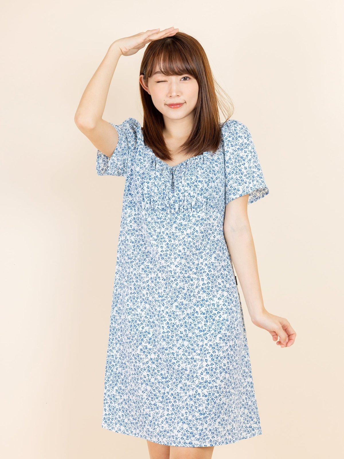Kalyn Floral Shirred Dress - DAG-DD9447-22IvoryBluePrintF - Ivory Blue Print - F - D'ZAGE Designs