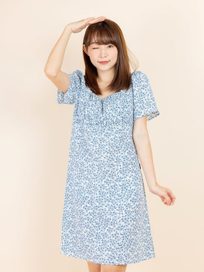 Kalyn Floral Shirred Dress - DAG-DD9447-22IvoryBluePrintF - Ivory Blue Print - F - D'ZAGE Designs