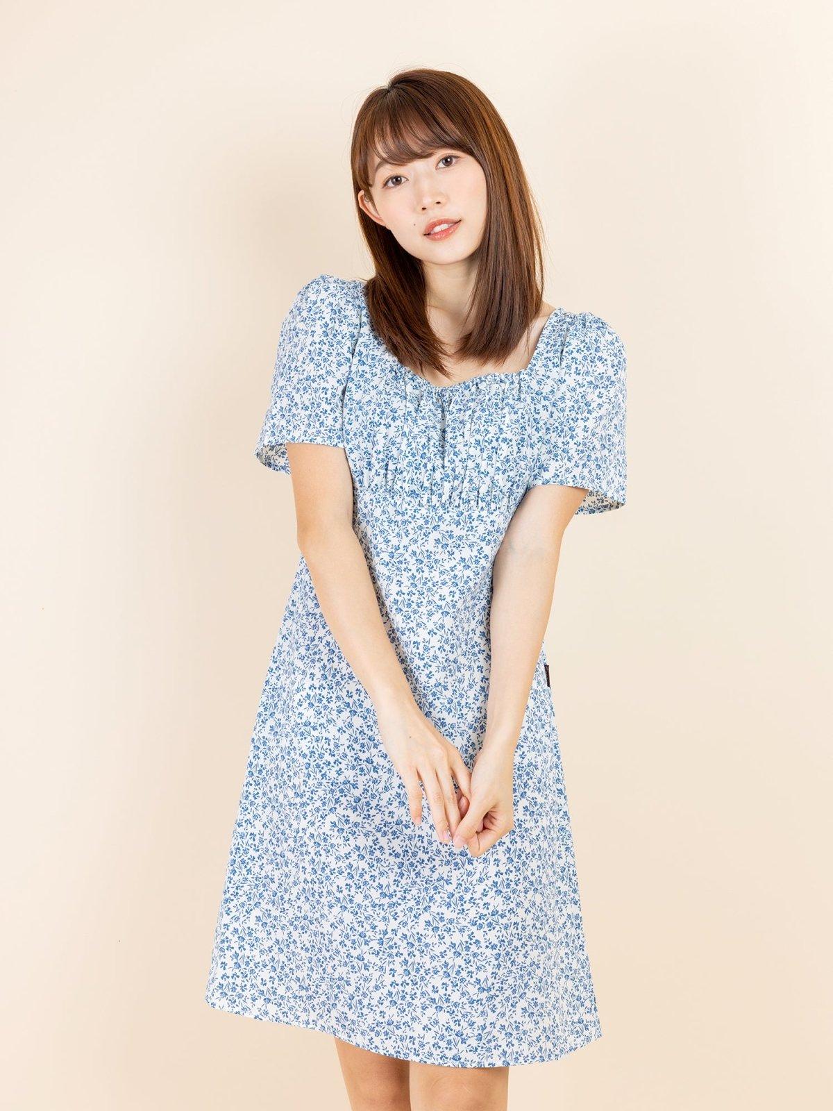Kalyn Floral Shirred Dress - DAG-DD9447-22IvoryBluePrintF - Ivory Blue Print - F - D'ZAGE Designs