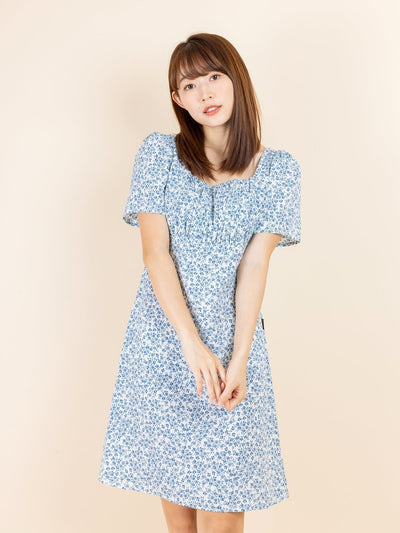 Kalyn Floral Shirred Dress - DAG-DD9447-22IvoryBluePrintF - Ivory Blue Print - F - D'ZAGE Designs