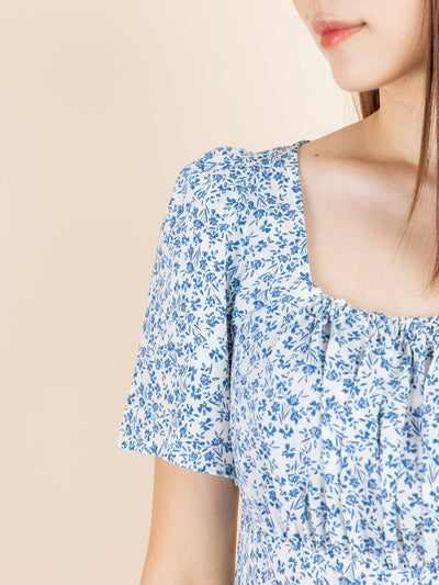Kalyn Floral Shirred Dress - DAG-DD9447-22IvoryBluePrintF - Ivory Blue Print - F - D'ZAGE Designs