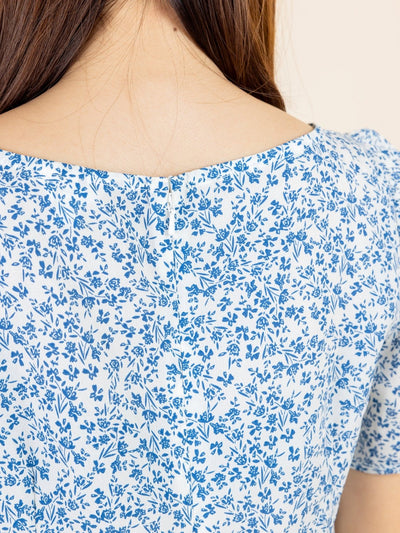 Kalyn Floral Shirred Dress - DAG-DD9447-22IvoryBluePrintF - Ivory Blue Print - F - D'ZAGE Designs