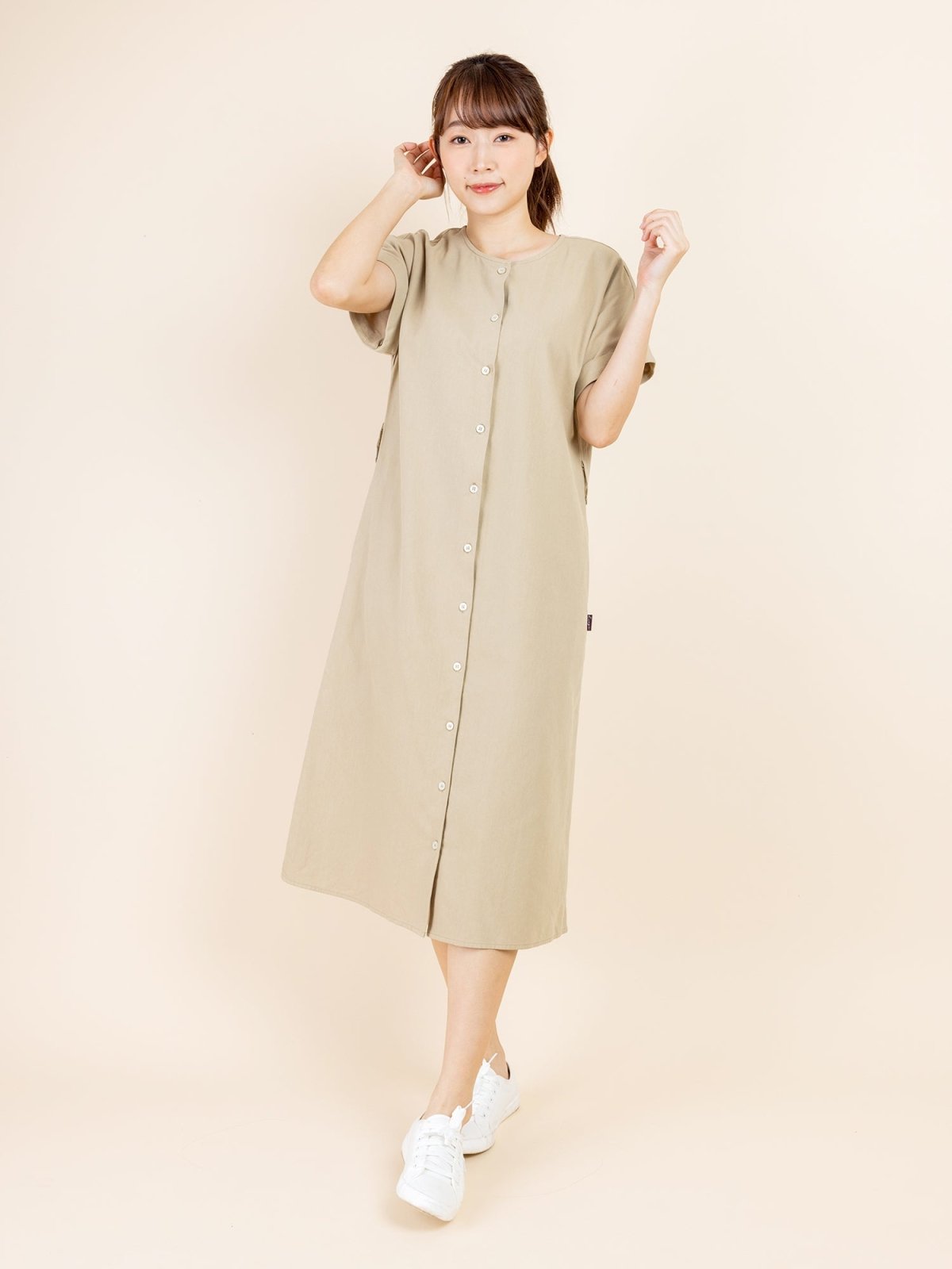 Tess Crew Neck Tie Waist Dress - DAG-DD9451-22CreamF - Beige - F - D'ZAGE Designs